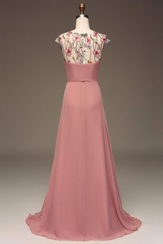 Vestido de dama de honor Maxi bordado y gasa de gasa de línea A de color rosa empolvado