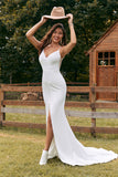 Vestido de novia simple de sirena con botón de marfil con abertura