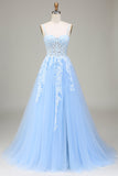 Vestido de fiesta de tirantes finos azul cielo de tul de tirantes finos de línea A con apliques