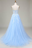 Vestido de fiesta de tirantes finos azul cielo de tul de tirantes finos de línea A con apliques