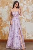 Magnífico vestido de fiesta largo de tirantes de espagueti de una línea púrpura claro con apliques