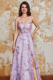 Magnífico vestido de fiesta largo de tirantes de espagueti de una línea púrpura claro con apliques