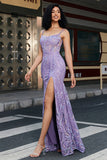 Elegante vestido de fiesta largo de sirena con tirantes de espagueti lila con abertura