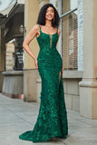 Elegante vestido de fiesta largo de sirena con tirantes de espagueti verde oscuro con apliques