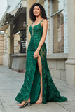Elegante vestido de fiesta largo de sirena con tirantes de espagueti verde oscuro con apliques