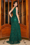 Impresionante sirena de un hombro lentejuelas verde oscuro vestido largo de fiesta con abertura