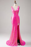 Vestido de fiesta de sirena rosa intenso brillante con abertura