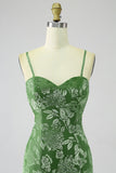 Vestido de fiesta largo con estampado de verde oliva con hombros descubiertos de sirena y frente dividido