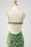 Vestido de fiesta largo con estampado de verde oliva con hombros descubiertos de sirena y frente dividido