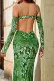 Vestido largo de fiesta de tirantes finos con estampado floral de sirena verde oliva con abertura