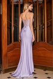 Vestido de fiesta de moda con correas de espagueti de sirena lila con corsé dividido en la parte delantera