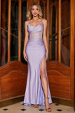 Vestido de fiesta de moda con correas de espagueti de sirena lila con corsé dividido en la parte delantera