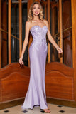 Elegante vestido de fiesta de corsé lila de sirena con apliques de encaje