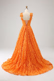 Vestido de fiesta largo de encaje floral de una línea naranja
