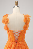 Vestido de fiesta largo de encaje floral de una línea naranja