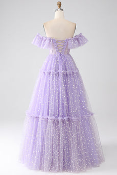 Vestido de fiesta con corsé lila con hombros descubiertos