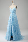 Azul Cielo A Línea Tirantes De Espagueti Vestido De Fiesta De Cuentas Brillantes Con Mariposas 3D