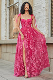 Tirantes finos Vestido de fiesta largo de línea A de color rosa intenso con abertura