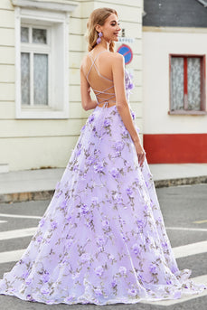 Magnífico vestido de fiesta largo lila de tirantes de espagueti de una línea con flores 3D