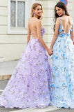 Magnífico vestido de fiesta largo lila de tirantes de espagueti de una línea con flores 3D