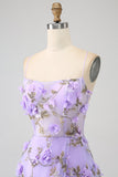 Vestido de fiesta largo lila con tirantes finos de una línea con flores en 3D
