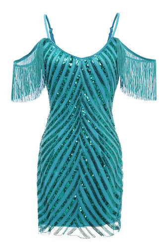 Brillante turquesa ajustado lentejuelas vestido corto de cóctel con flecos