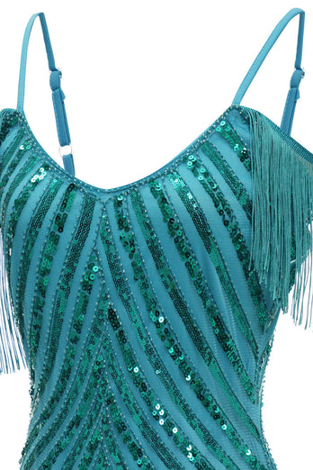 Brillante turquesa ajustado lentejuelas vestido corto de cóctel con flecos