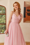 Glitter Rosa Cord-Up Ruched Vestido largo de fiesta