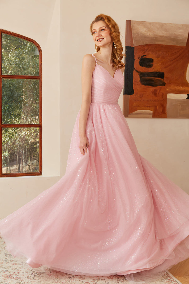 Cargar imagen en el visor de la galería, Glitter Rosa Cord-Up Ruched Vestido largo de fiesta