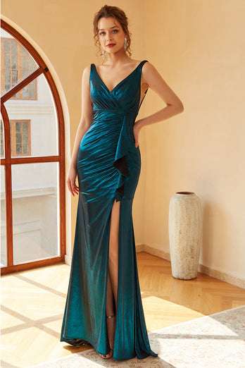 Vestido de fiesta largo azul pavo real