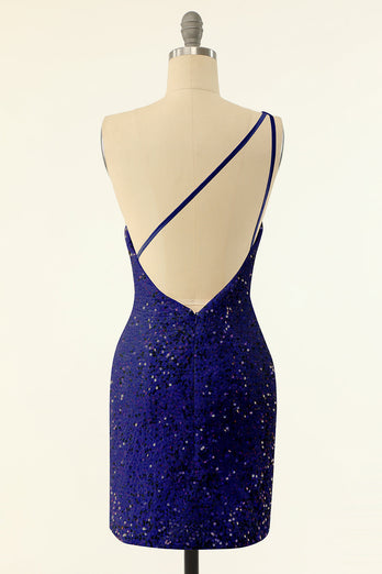 Vestido de cóctel de lentejuelas de un hombro morado