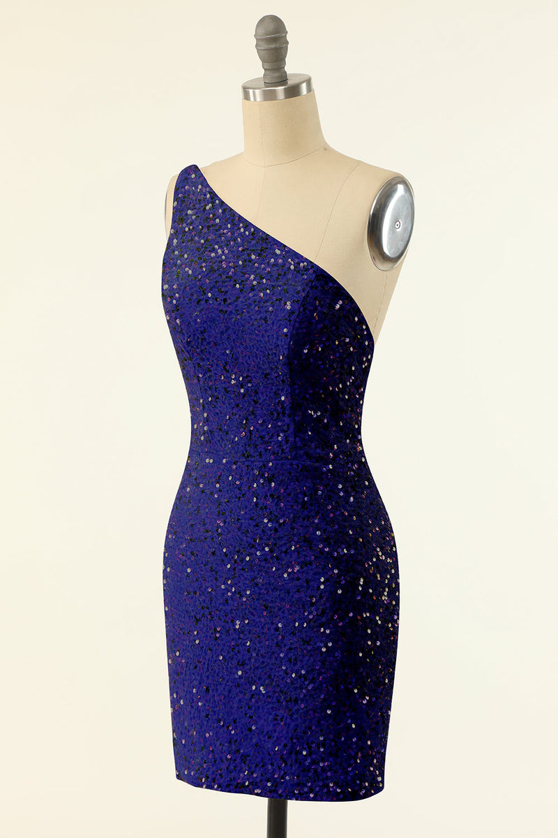 Cargar imagen en el visor de la galería, Royal Blue One Shoulder Lentejuelas Apretadas Vestido de cóctel
