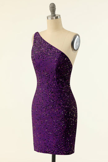 Vestido de cóctel de lentejuelas de un hombro morado