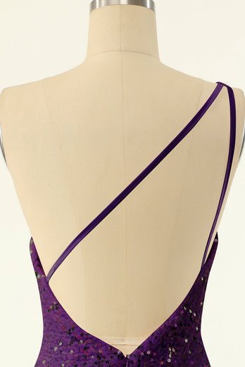 Vestido de cóctel de lentejuelas de un hombro morado