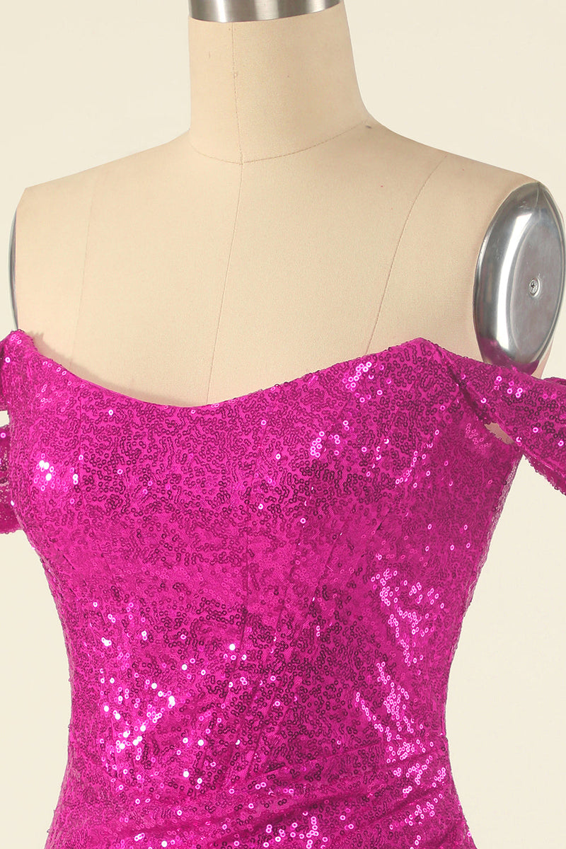 Cargar imagen en el visor de la galería, Fuchsia Off the Shoulder Lentejuelas Ajustado Vestido de Regreso a Casa