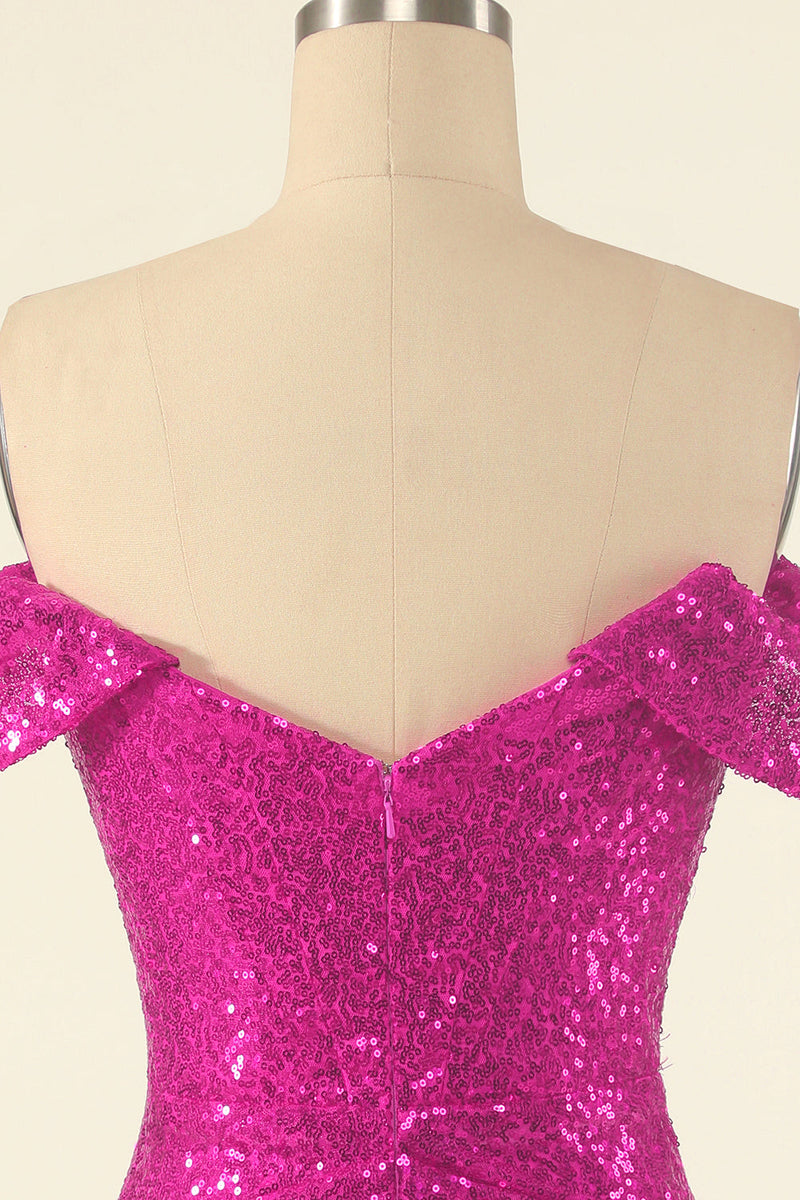 Cargar imagen en el visor de la galería, Fuchsia Off the Shoulder Lentejuelas Ajustado Vestido de Regreso a Casa