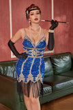 Azul Lentejuelas Gatsby 1920s Vestido Corto con Flecos
