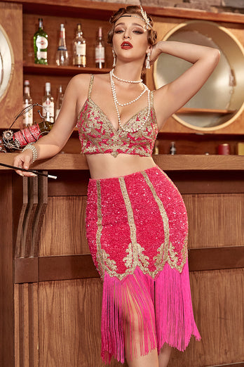 Dos piezas Fucsia Gatsby 1920s Flapper Vestido con flecos