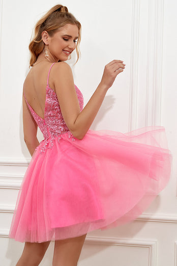 Fucsia Tirantes de Espagueti Escote A Vestido Corto de Graduación