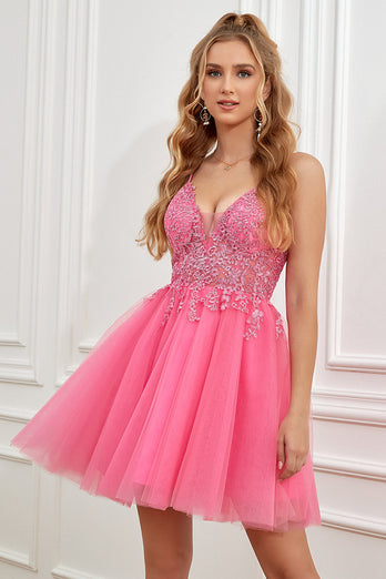 Fucsia Tirantes de Espagueti Escote A Vestido Corto de Graduación