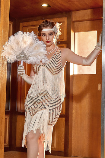 Champán Lentejuelas 1920s Flapper Vestido con Flecos