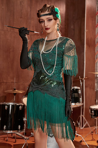 Verde Oscuro 1920s Gatsby Vestido con Flecos