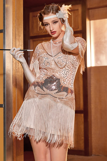 Rosa Dorado 1920s Gatsby Vestido con Flecos