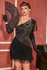 Cargar imagen en el visor de la galería, Vestido de la década de 1920 con flecos flapper negro dorado un hombro
