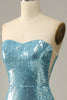 Cargar imagen en el visor de la galería, Vestido de fiesta de sirena de lentejuelas azul cielo con plumas