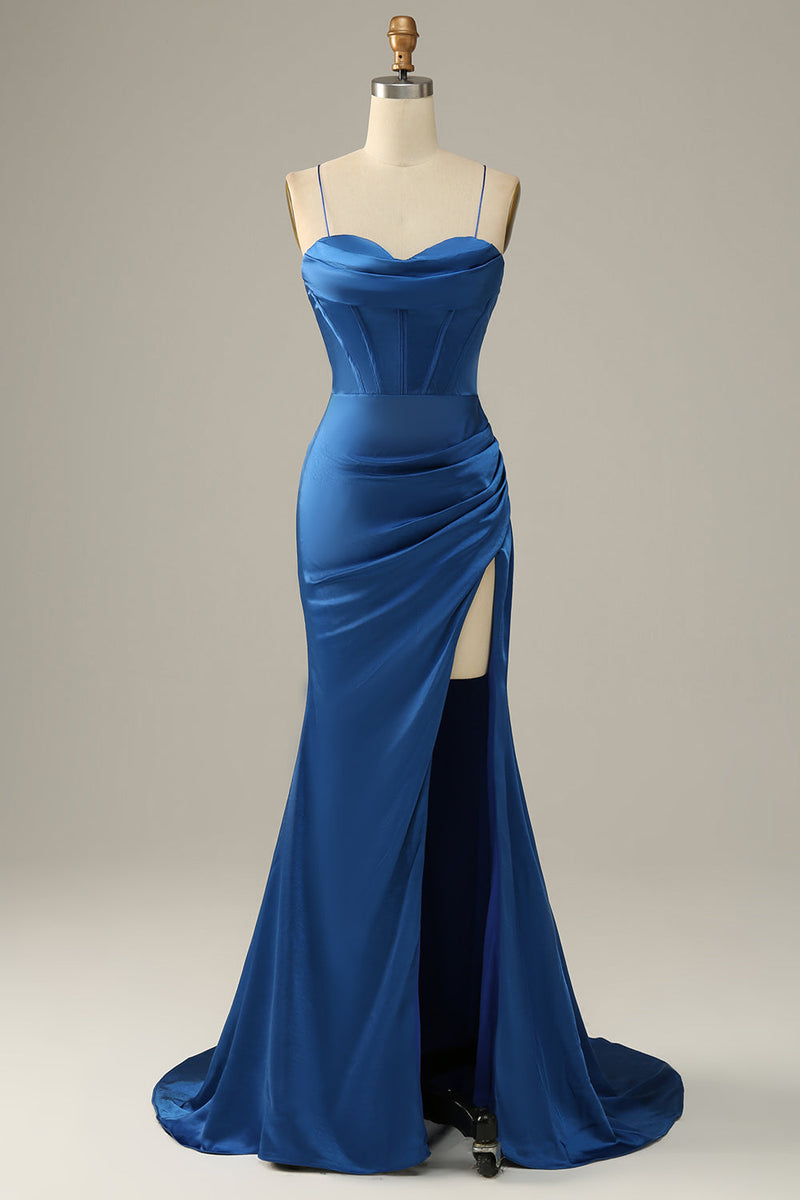 Cargar imagen en el visor de la galería, Tirantes de Espagueti Azul Real Sirena Vestido de Noche