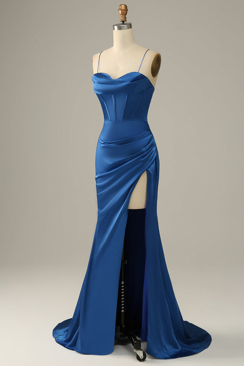 Cargar imagen en el visor de la galería, Tirantes de Espagueti Azul Real Sirena Vestido de Noche