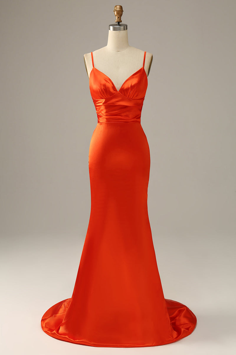 Cargar imagen en el visor de la galería, Correas de Espagueti Naranja Sirena Vestido de Fiesta