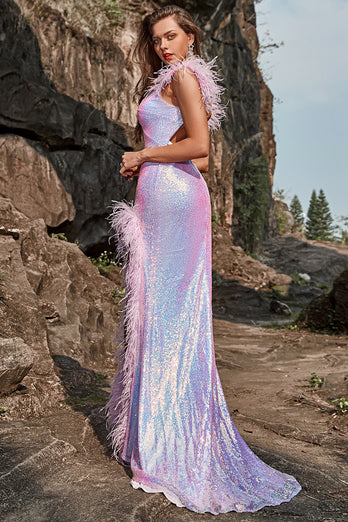 Sirena Púrpura Vestido de Fiesta Con Plumas