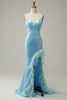 Cargar imagen en el visor de la galería, Sirena Lentejuelas Azul Claro Vestido Largo de Noite Con Plumas